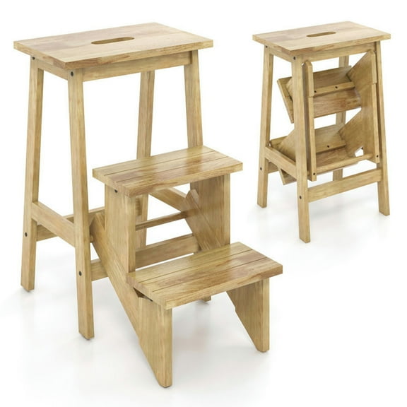 Kadyn Step Stool,3-in-1 Rubber Wood Step Stool with Convenient Handle-Natural