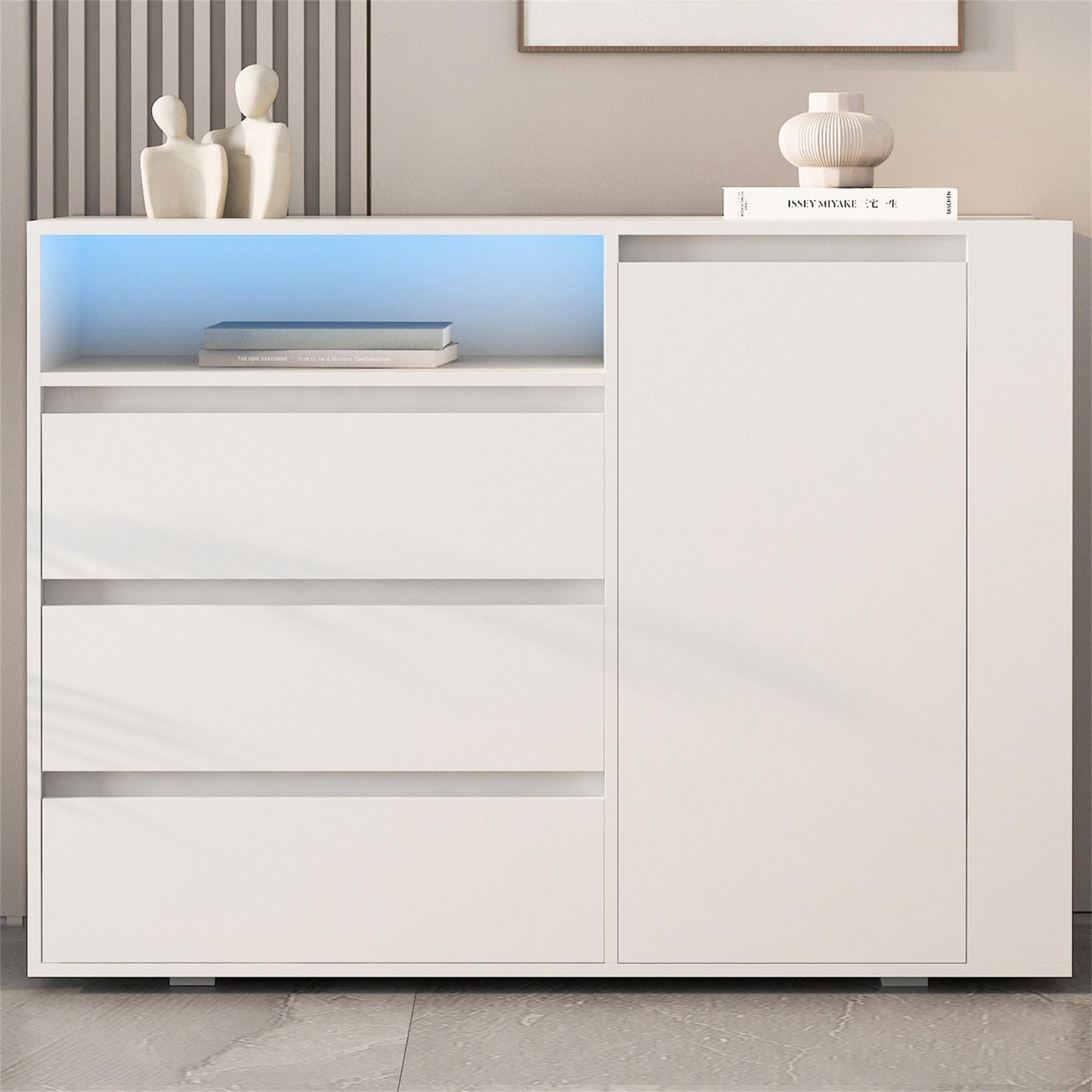 Kadyn Storage Cabinets with LEDs, 3 Drawer Sofa Side Cabinet, Chest of Drawers with Door, White Kadyn Storage Cabinets with LEDs, 3 Drawer Sofa Side Cabinet, Chest of Drawers with Door, White