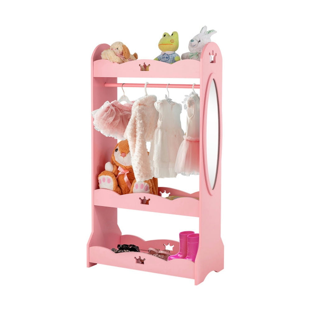 Pink MDF Kids Costume Closet with Mirror and Shelves