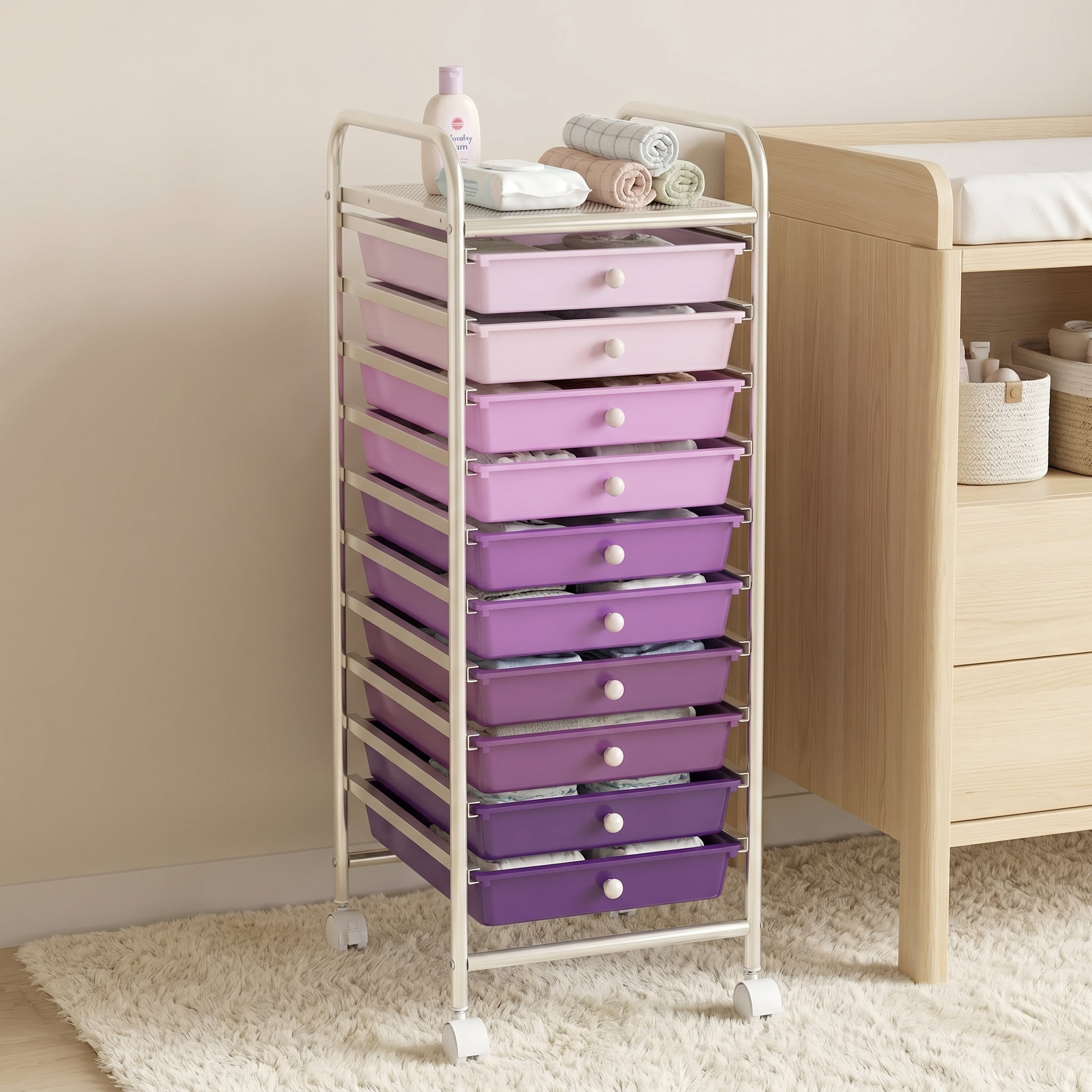 Kadyn Storage Shelving Rack, Storage Cart,10 Drawer Rolling Storage Cart Organizer with 4 Universal Casters-Purple