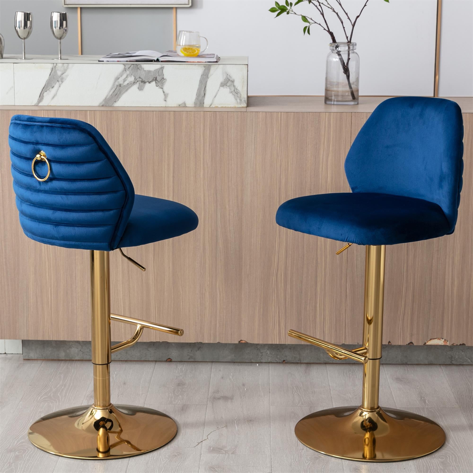 Kadyn Swivel Bar Stools Chair Set of 2, Adjustable Counter Height Barstools with Tufted High Back & Ring Pull, Navy Blue Kadyn Swivel Bar Stools Chair Set of 2, Adjustable Counter Height Barstools with Tufted High Back & Ring Pull, Navy Blue