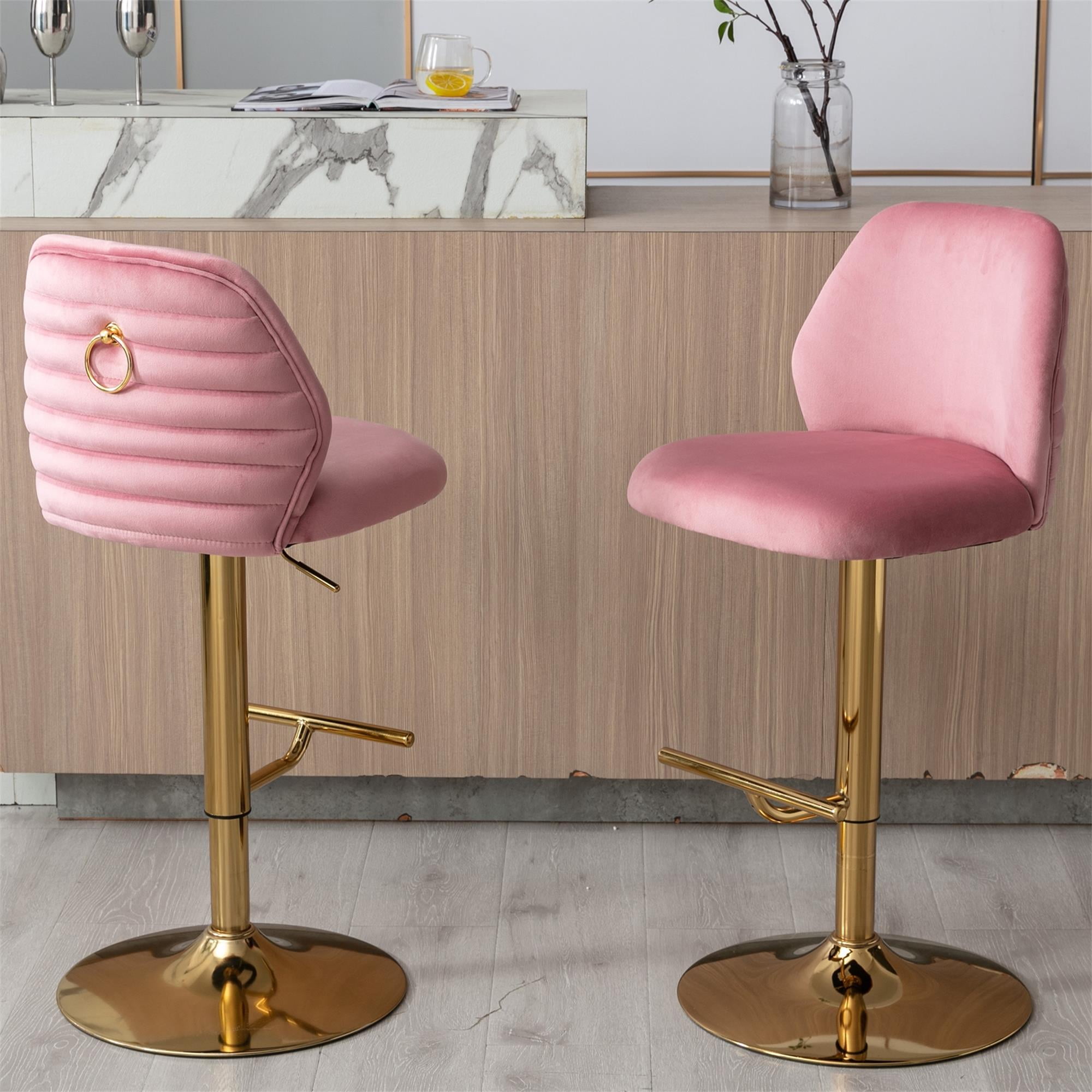 Kadyn Swivel Bar Stools Chair Set of 2, Adjustable Counter Height Barstools with Tufted High Back & Ring Pull, Pink Kadyn Swivel Bar Stools Chair Set of 2, Adjustable Counter Height Barstools with Tufted High Back & Ring Pull, Pink