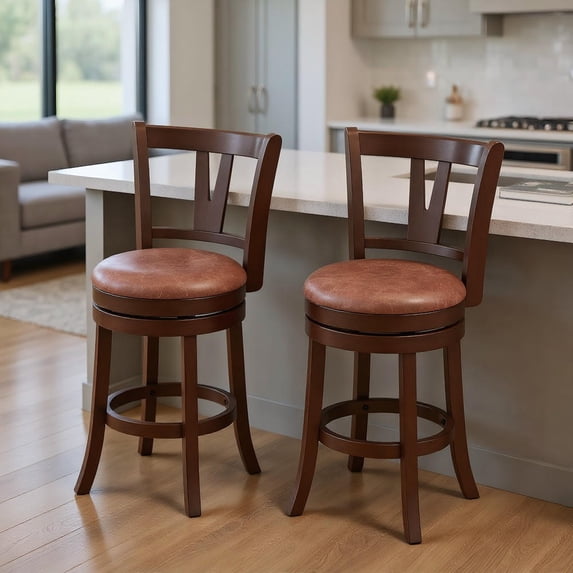Kadyn Swivel Barstools Set with High Backs and Footrests, 26 Inch Counter Height Stools for Home Bar, Kitchen with Supportive Backrest, Brown