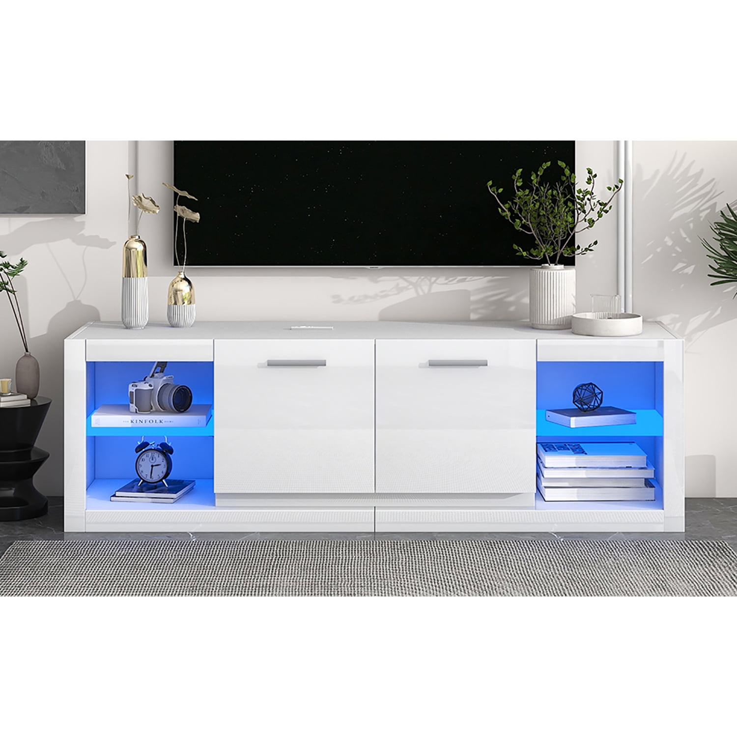 Kadyn TV Cabinet, Modern TV Stand with 2 Tempered Glass Shelves, Entertainment Center TV Console with LED Color Changing Lights for TVs Up to 70”, White