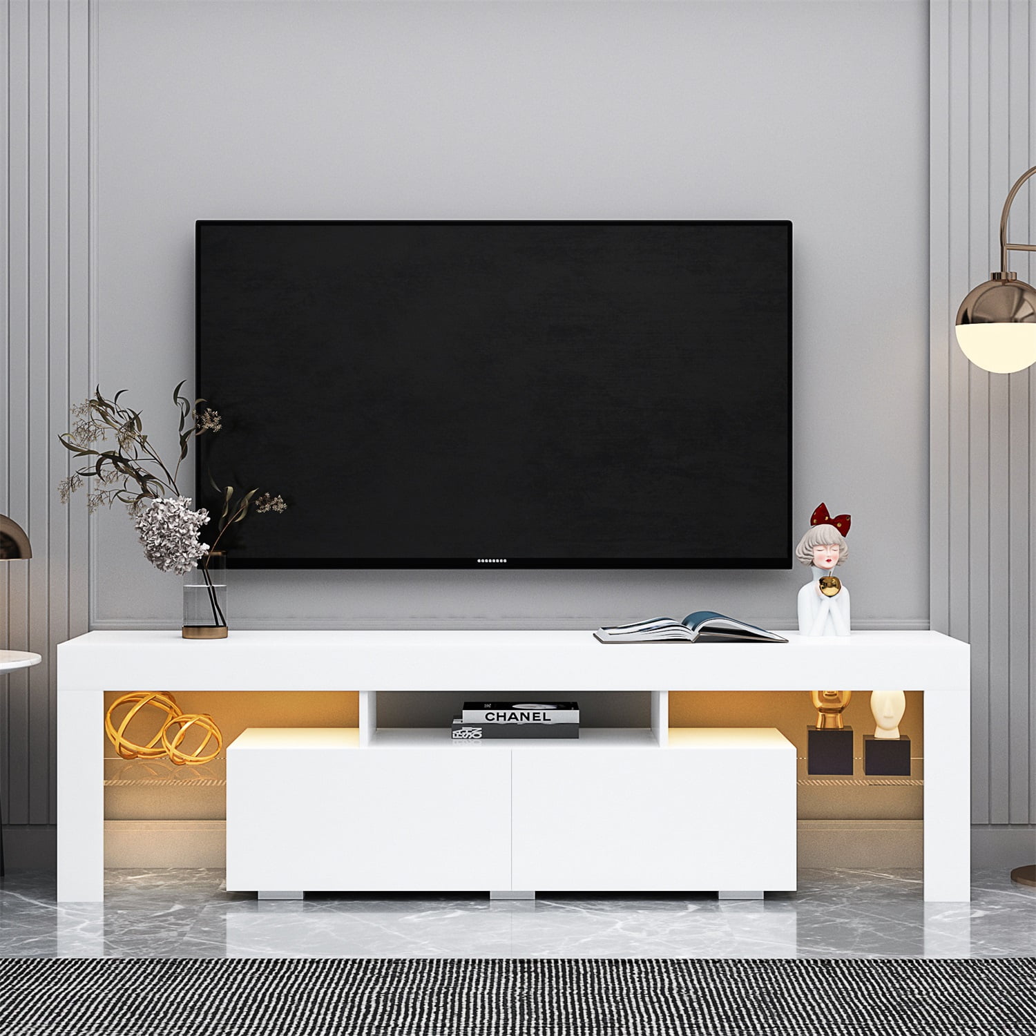 Kadyn TV Console, Modern TV Stand with 20 Colors LED and Remote Control Lights, MDF Entertainment Center TV Console for TVs up to 70", White