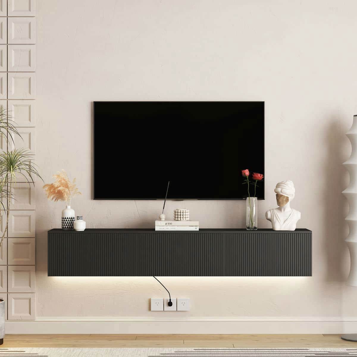 Kadyn TV Console Table, Entertainment Center,TV Stand,Floating TV Stand Wall Mounted with 16 Color LEDs,69" Modern Entertainment Center for 55 60 65" TV, Black