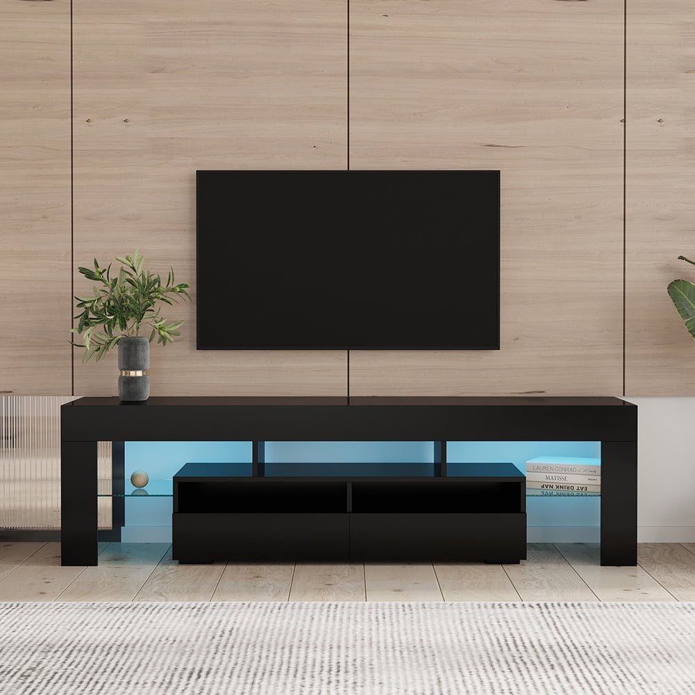 Kadyn TV Stand Cabinet, Modern TV Console with 2 Drawers & 2 Open Shelves, 20-color RGB LED lights with Remote, Particle Board Corner TV Console Table for Living Room, Black