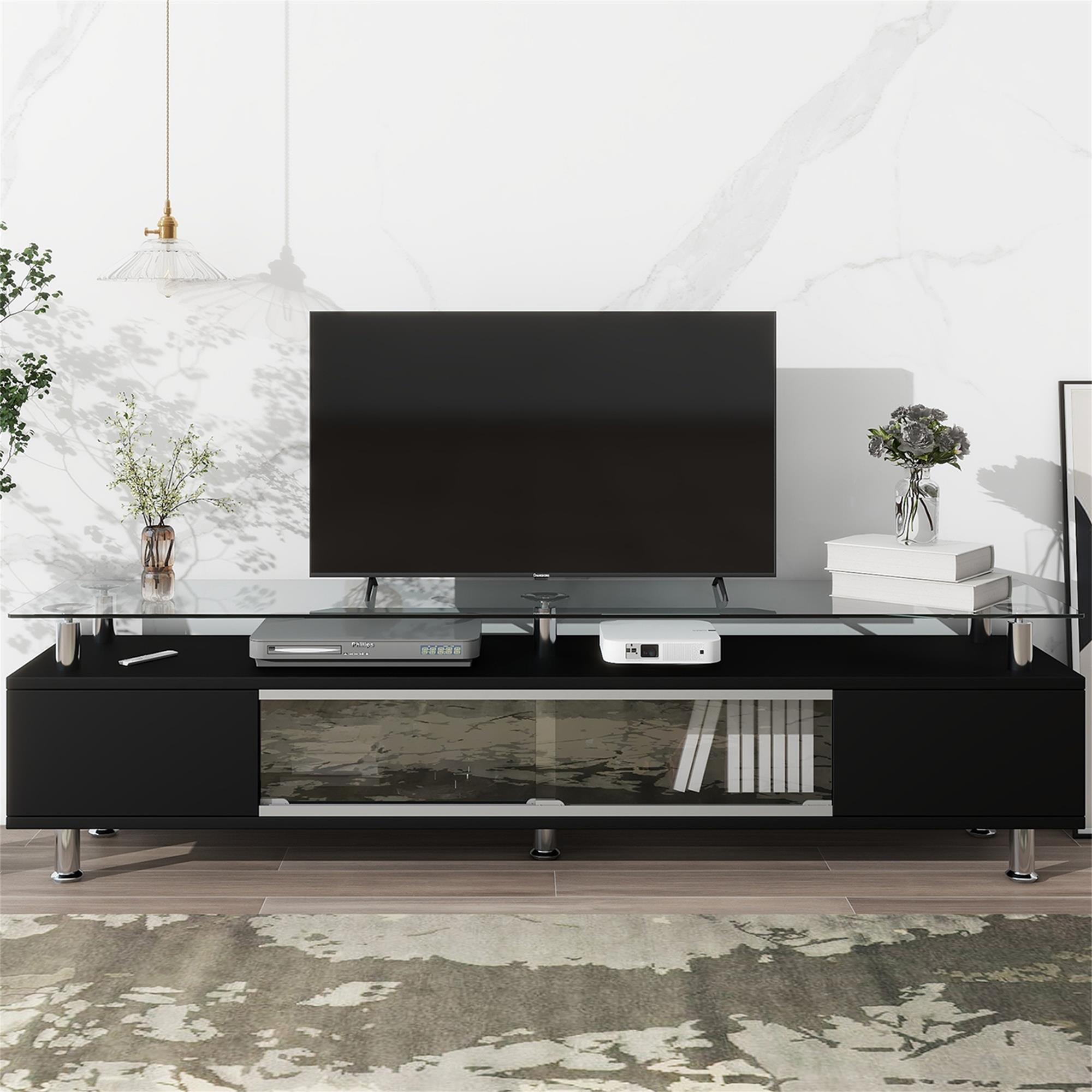 Kadyn TV Stand, Entertainment Center TV Console with Sliding Glass Door and Drawers for TV Up to 70", Black