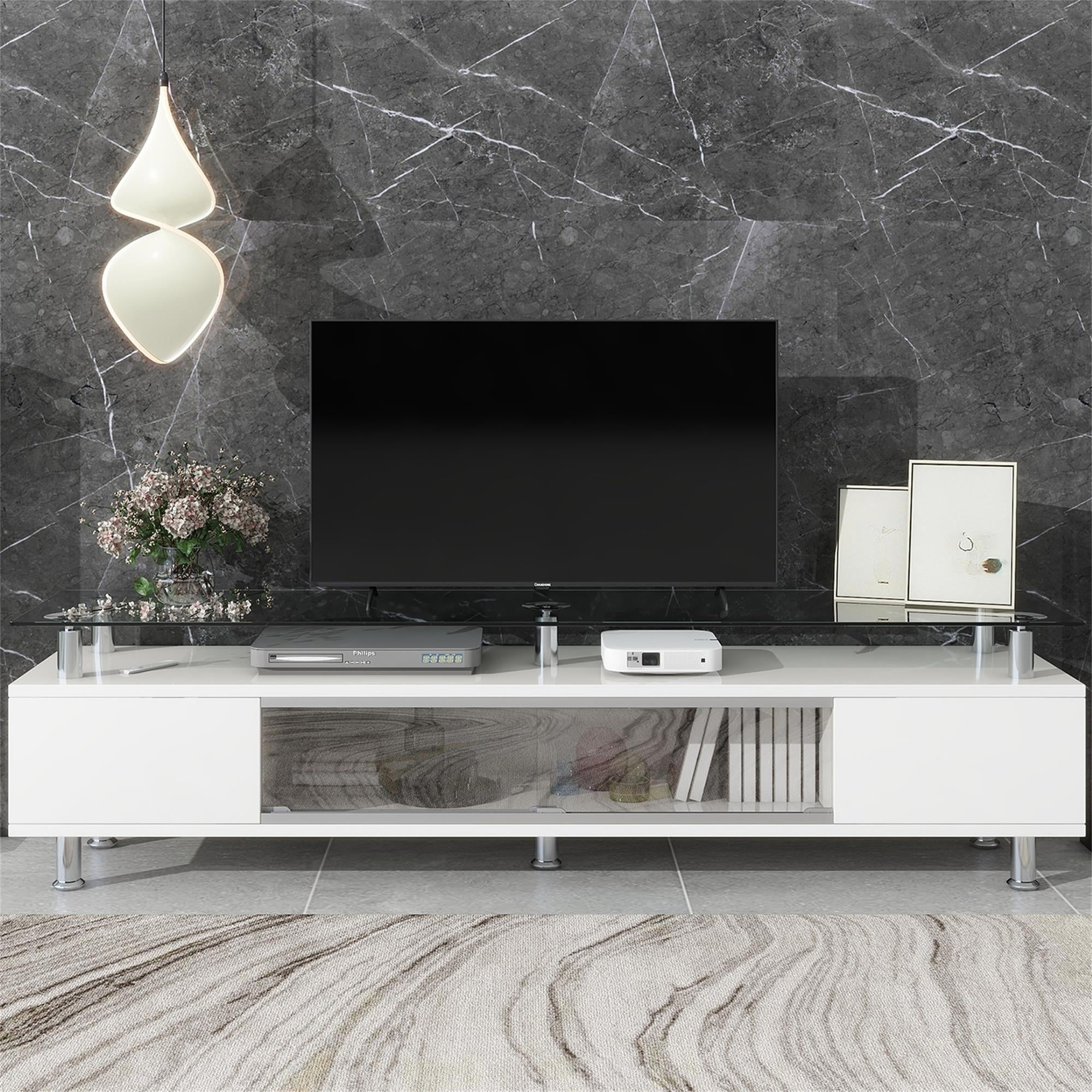 Kadyn TV Stand, Entertainment Center TV Console with Sliding Glass Door and Drawers for TV Up to 70", White Kadyn TV Stand, Entertainment Center TV Console with Sliding Glass Door and Drawers for TV Up to 70", White