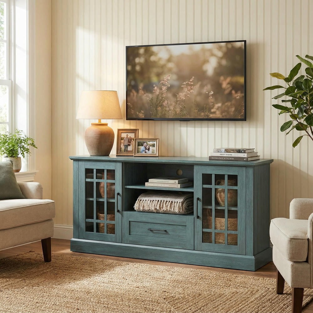 Kadyn TV Stand Media Console for TVs up to 70 Inch with Glass Doors Cubbies Drawer for Living Room Bedroom Home Entertainment Furniture, Green