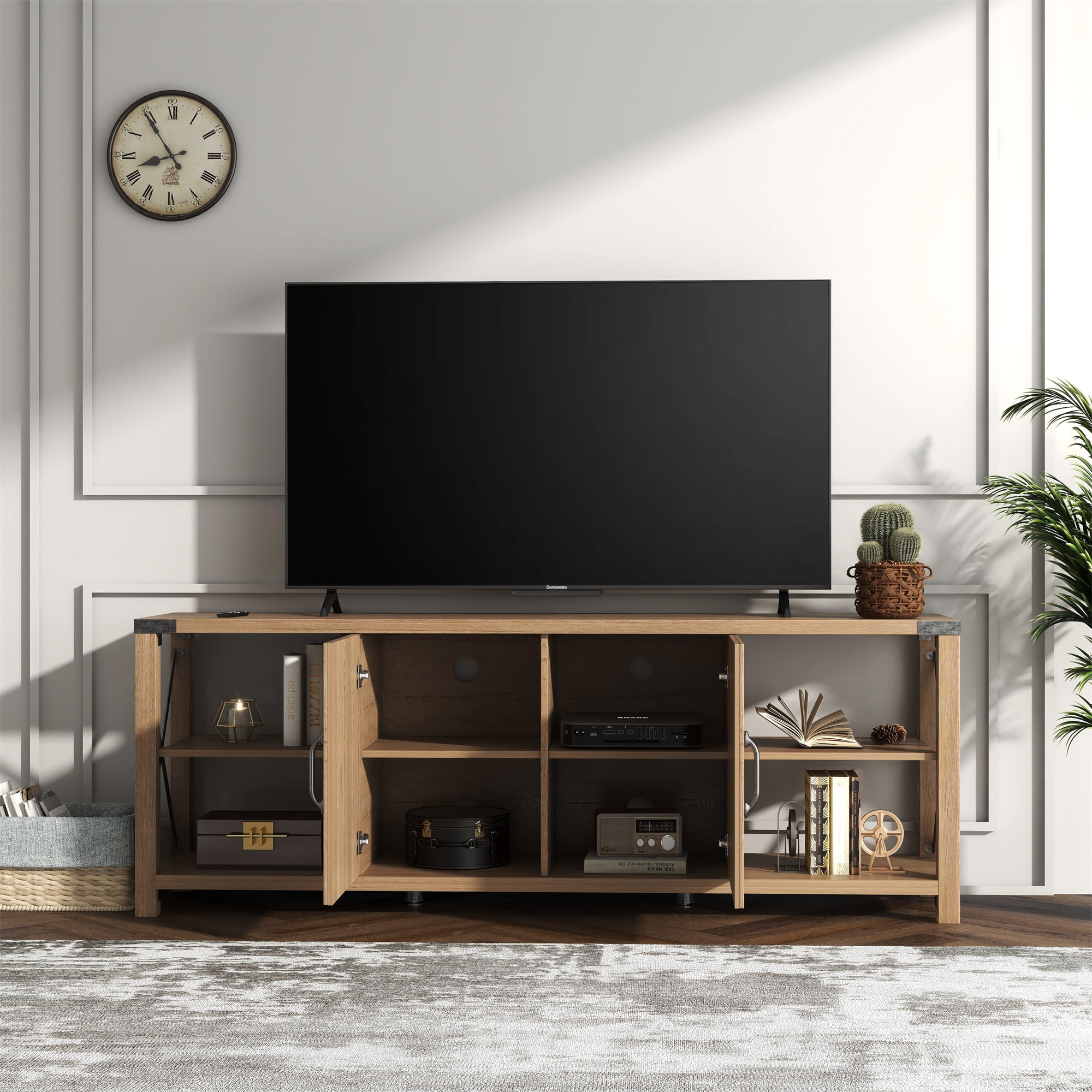 Kadyn TV Stand, Modern Entertainment Center for TVs up to 76", TV Console with Storage Cabinets and Shelves, Light Oak