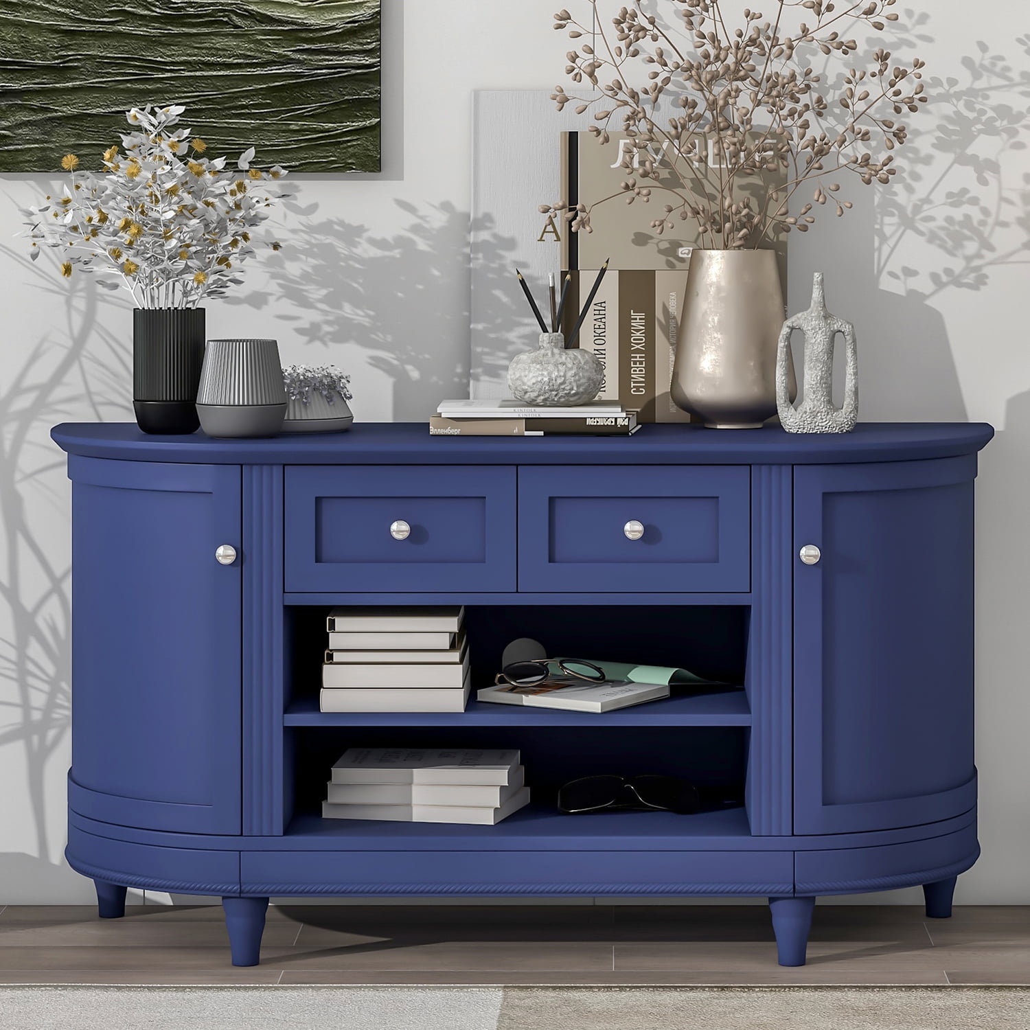 Kadyn TV Stand, Modern Entertainment Center with 2 Curved Doors, Adjustable Panels and Open Style Cabinet, MDF TV Cabinet for TV up to 46", Navy