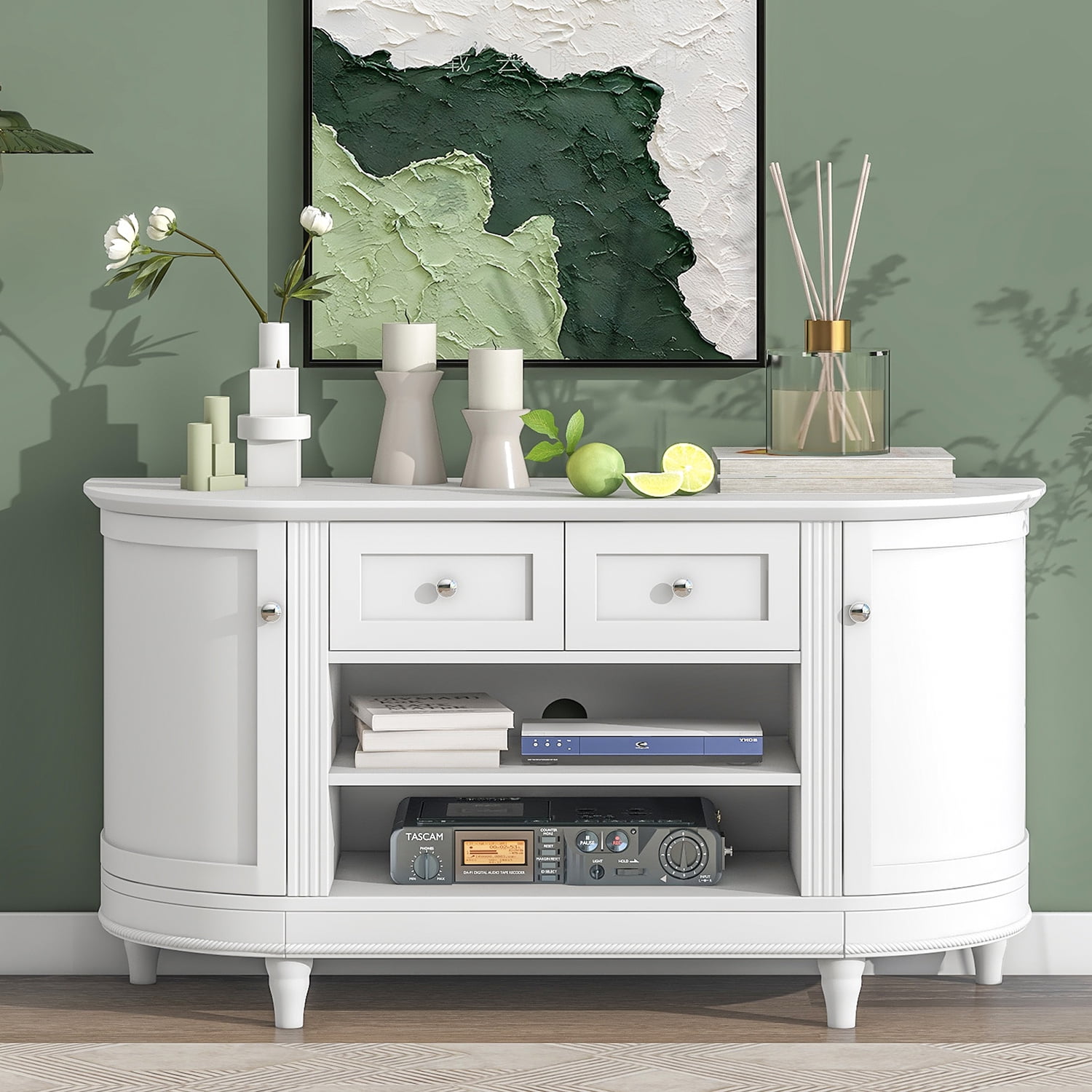 Kadyn TV Stand, Modern Entertainment Center with 2 Curved Doors, Adjustable Panels and Open Style Cabinet, MDF TV Cabinet for TV up to 46", White