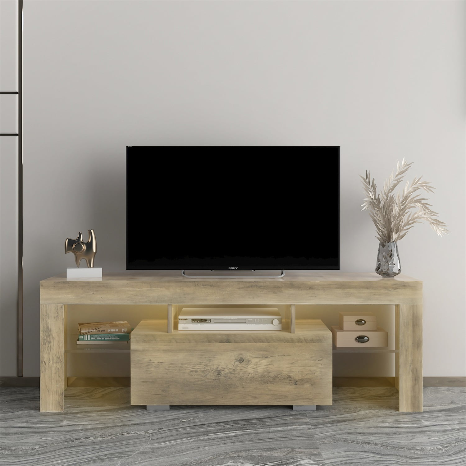 Kadyn TV Stand, Particle Board TV Cabinet Entertainment Center with LED RGB Lights and Storage, Grey Oak High Gloss TV Console Table for TVs up to 55"
