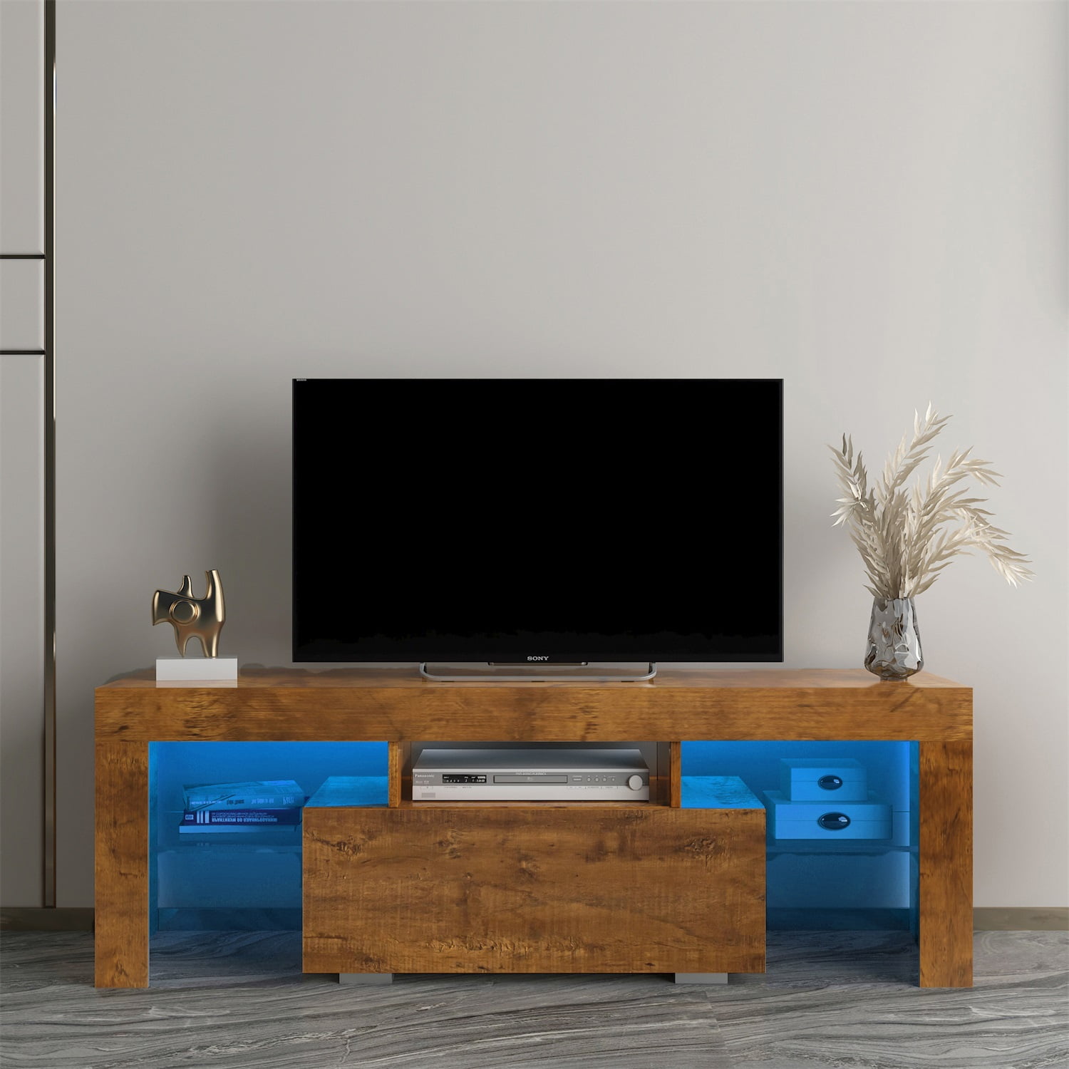 Kadyn TV Stand, Particle Board TV Cabinet Entertainment Center with LED RGB Lights and Storage, Brown High Gloss TV Console Table for TVs up to 55"