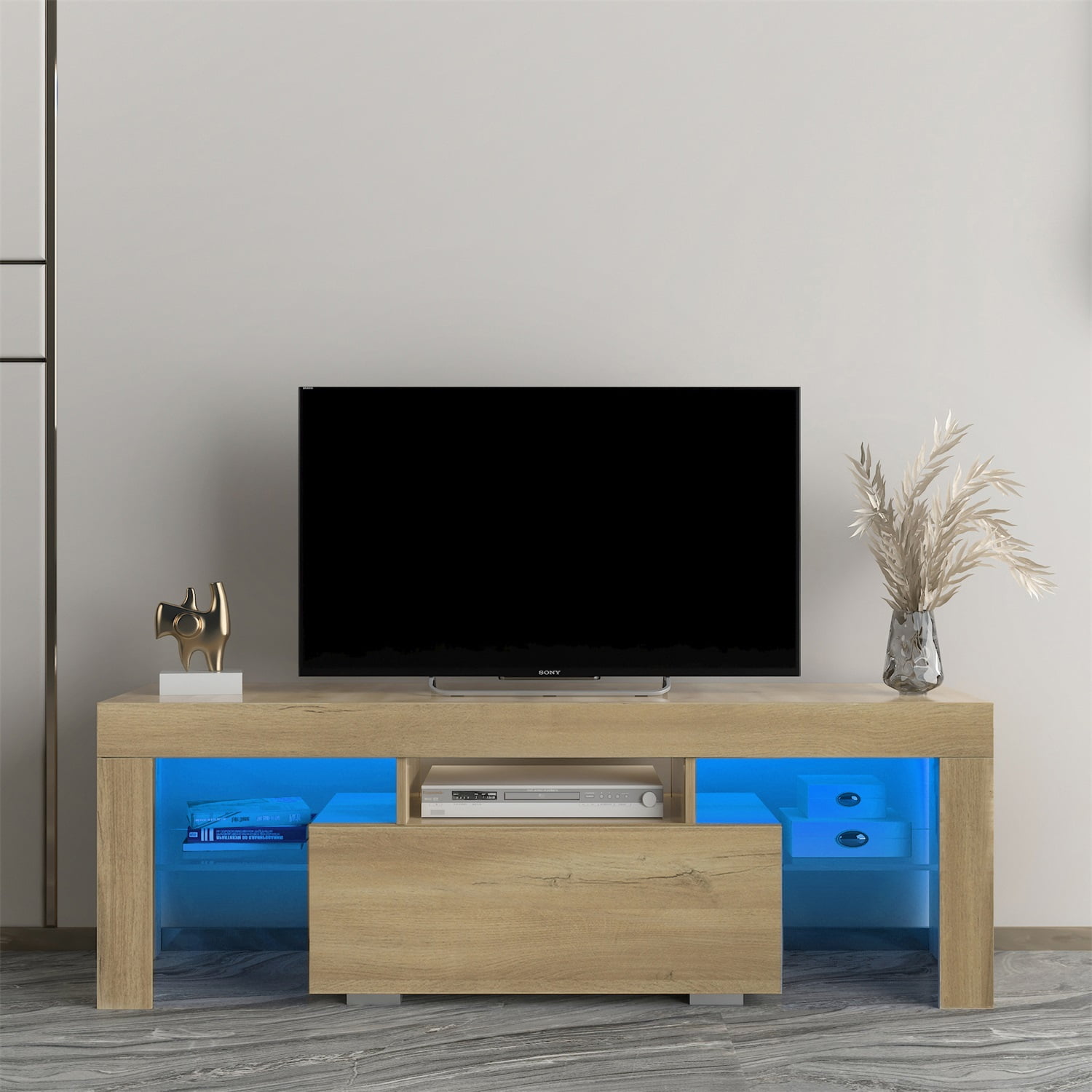 Kadyn TV Stand, Particle Board TV Cabinet Entertainment Center with LED RGB Lights and Storage, Oak High Gloss TV Console Table for TVs up to 55"