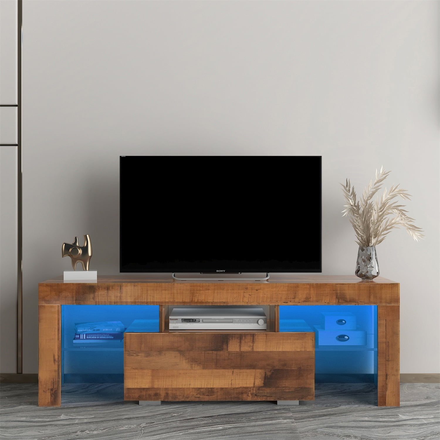 Kadyn TV Stand, Particle Board TV Cabinet Entertainment Center with LED RGB Lights and Storage, Walnut High Gloss TV Console Table for TVs up to 55"
