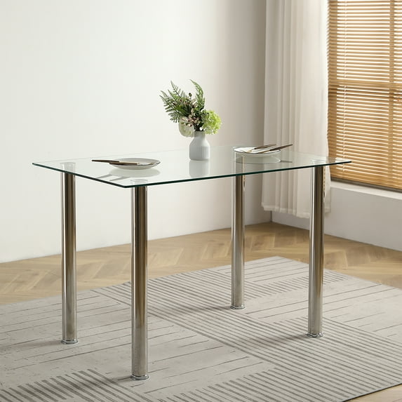 Kadyn Tempered Glass Dining Table, Stainless Steel Kitchen Table for 4 Person, Modern Dining Room Table for Home Office, Transparent