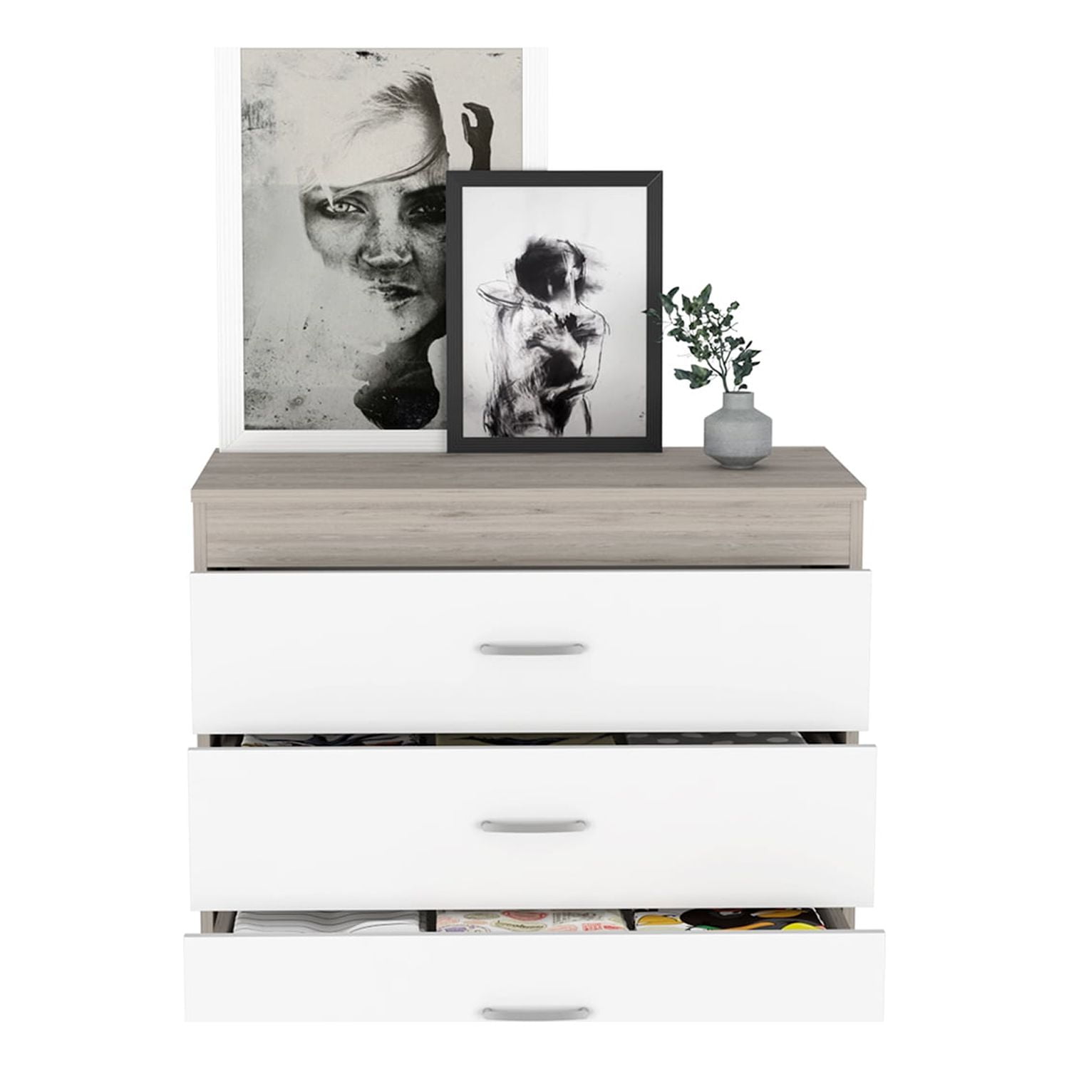 Kadyn Three Drawer Dresser, Chest of Drawers with Metal Hardware, Storage Cabinet for Bedroom, White Nightstand