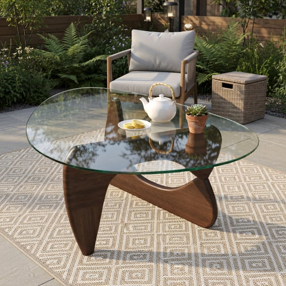 Kadyn Triangle Tempered Glass Coffee Table with Adjustable Rubber Wood Base – Walnut/Natural Finish, Modern Living Room Accent Table