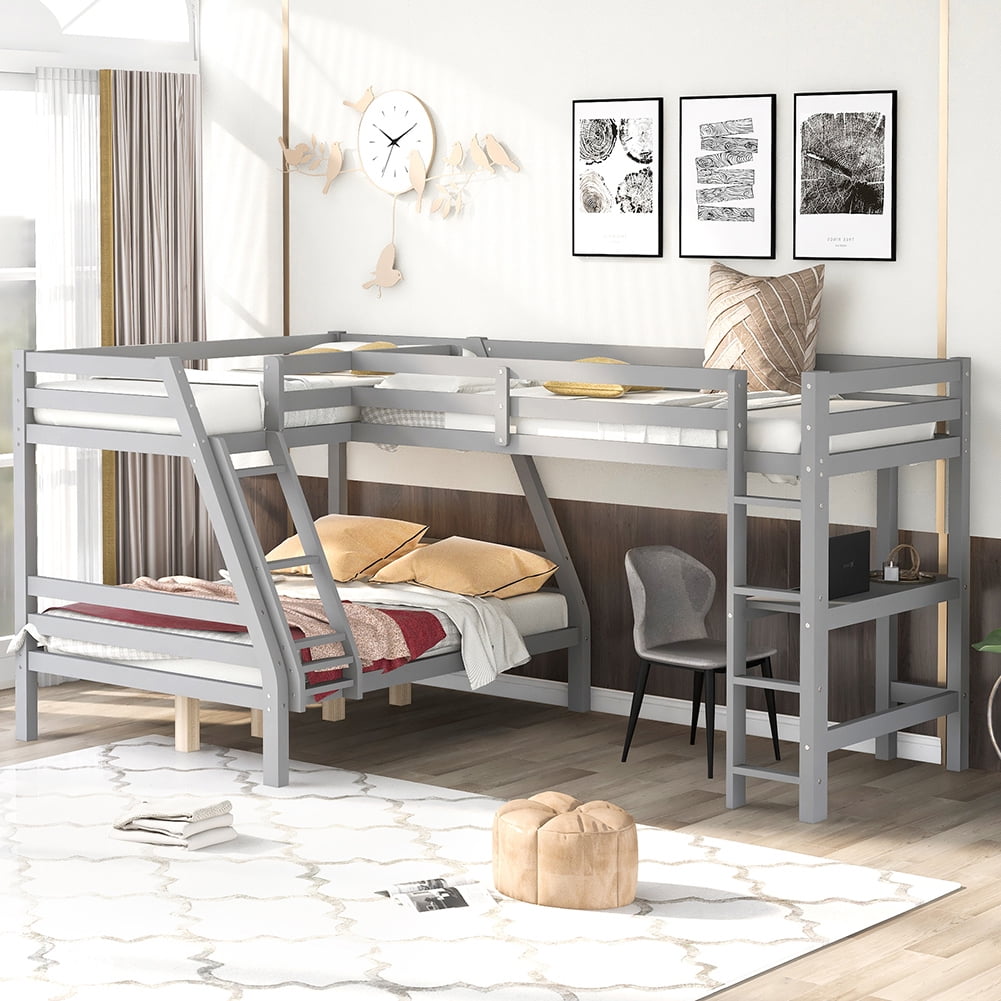 Kadyn Triple Bed Twin-Over-Twin-Over-Full Bed L Shaped Bunk Bed with Built-in Desk, Gray