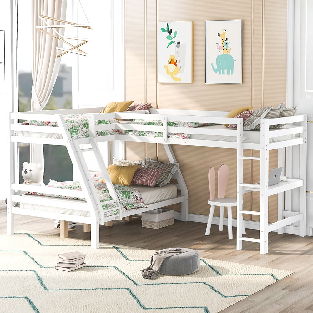 Kadyn Triple Bed Twin-Over-Twin-Over-Full Bed L Shaped Bunk Bed with Built-in Desk, White