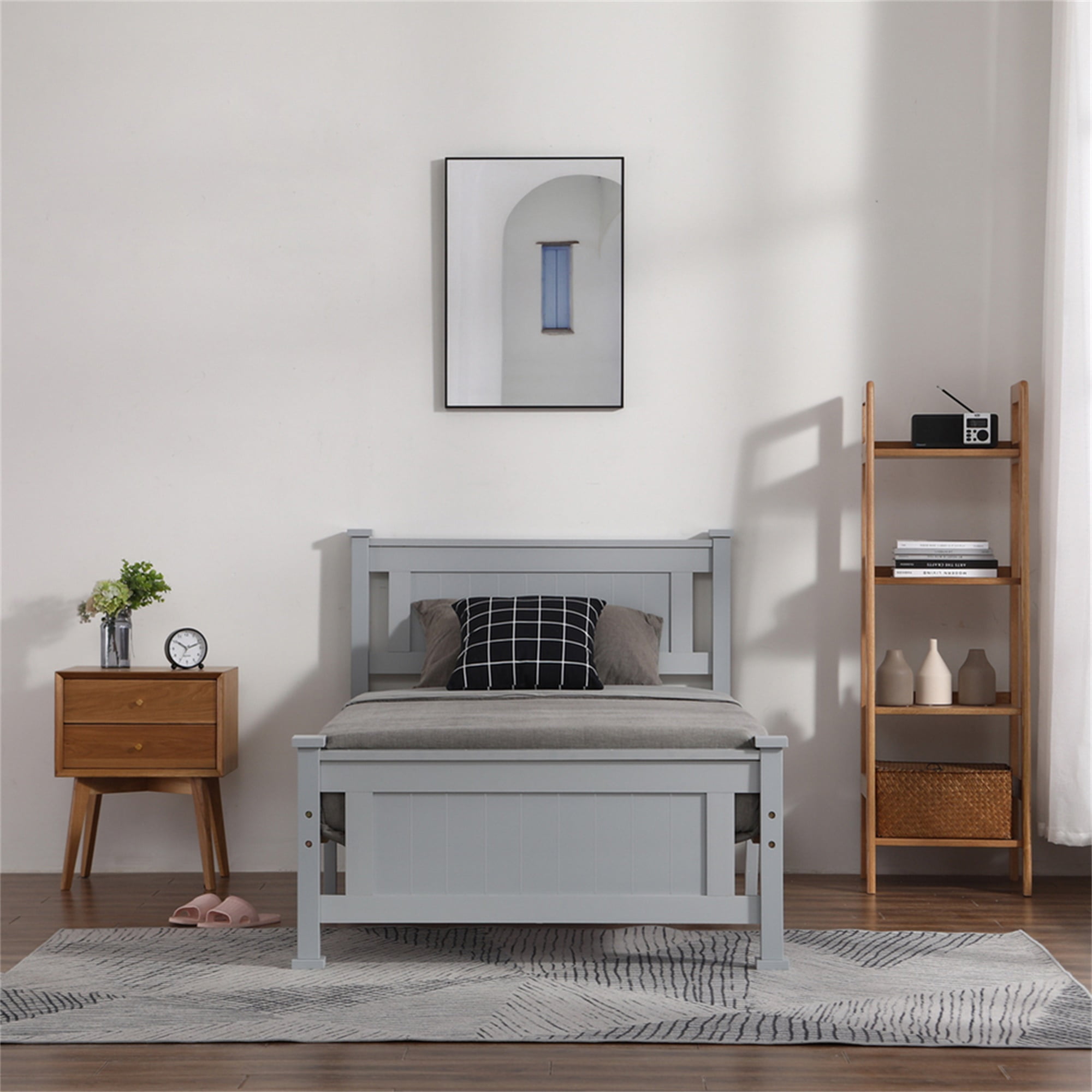 Kadyn Twin Bed Frame, Single Core Full Panel Headboard, Twin Decorative Bed, Gray, No Springs Required, Same End Gray Single Solid Pine Bed