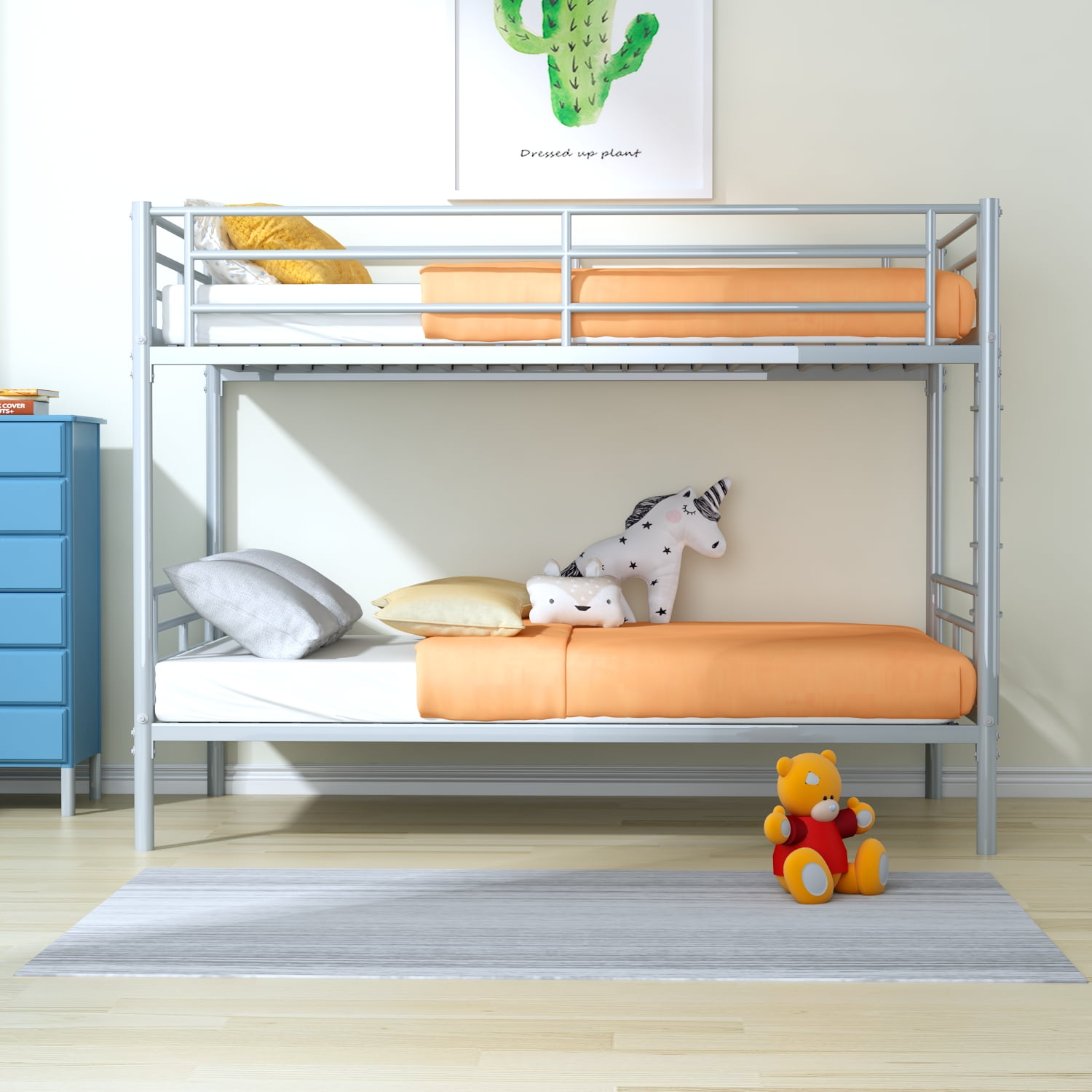 Kadyn Twin Over Twin Metal Bunk Bed, Steel Over Twin Bunk Bed with Removable Ladder, Modern Bunk Bed Frame for Teens, Silver