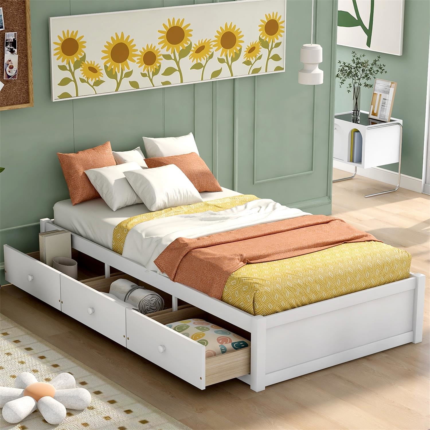 Kadyn Twin Platform Bed Frame, Twin Size Platform Storage Bed with 3 Drawers, Bed Frame for Kids, White
