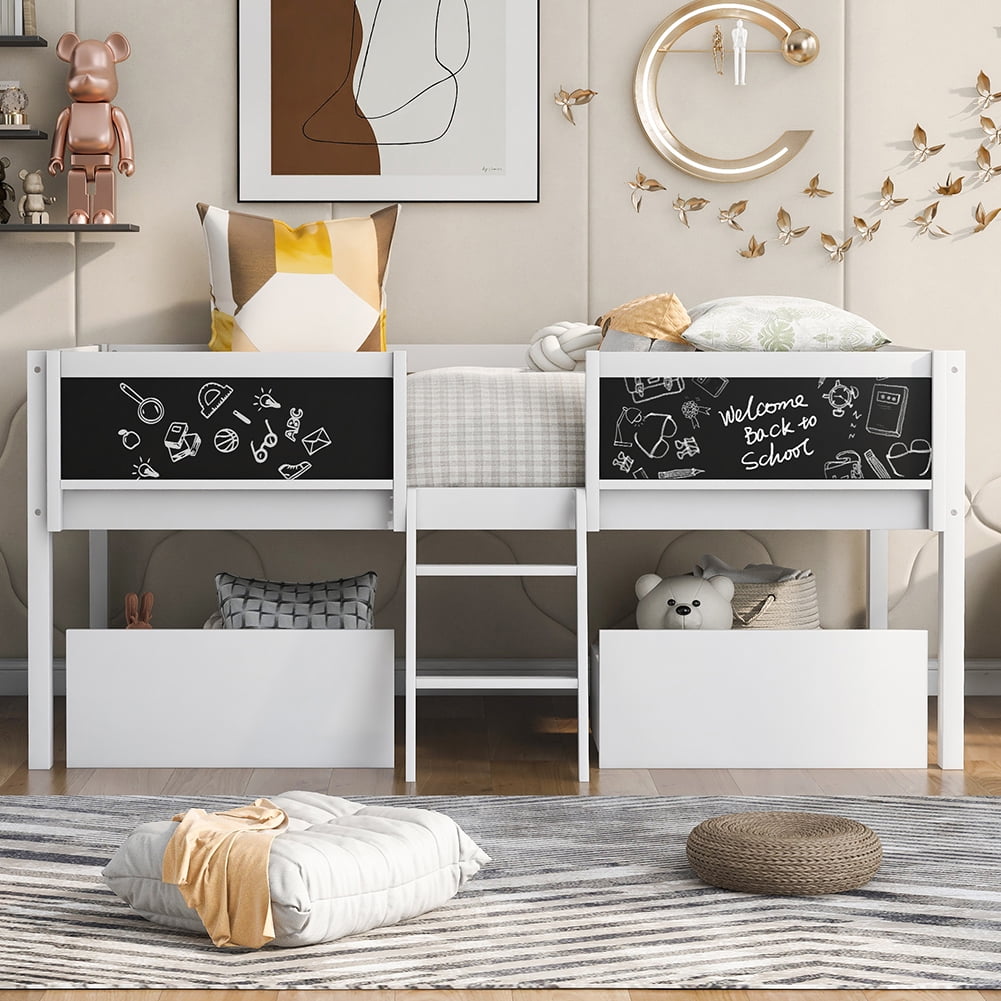 Kadyn Twin Size Low Loft Bed with Two Drawers,with Decorative Guardrail Chalkboard,White