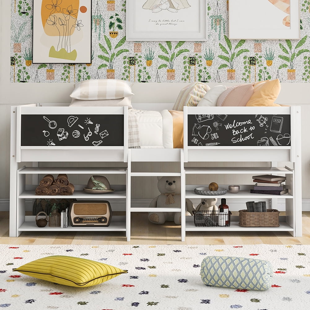 Kadyn Twin Size Low Loft Bed with Two Movable Shelves and Ladder,with Decorative Guardrail Chalkboard,White