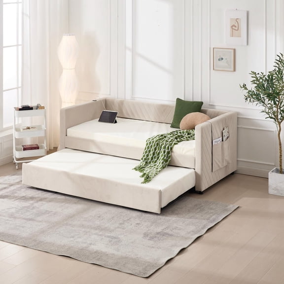 Kadyn Twin Upholstered Daybed with Pull Out Trundle, Modern Low Profile Bed Frame Featuring USB Charging Port, Side Storage Pockets, Durable Construction for Bedroom, Beige