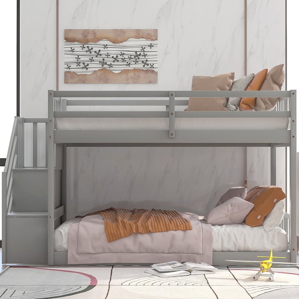 Kadyn Twin over Twin Floor Bunk Bed, Small Space Kids Bed with Storage Stairs, Gray