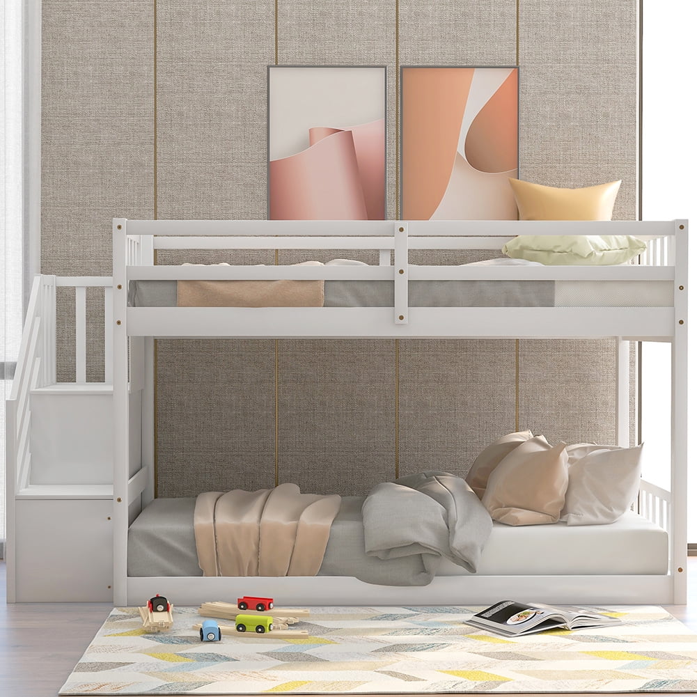 Kadyn Twin over Twin Floor Bunk Bed, Small Space Kids Bed with Storage Stairs, White