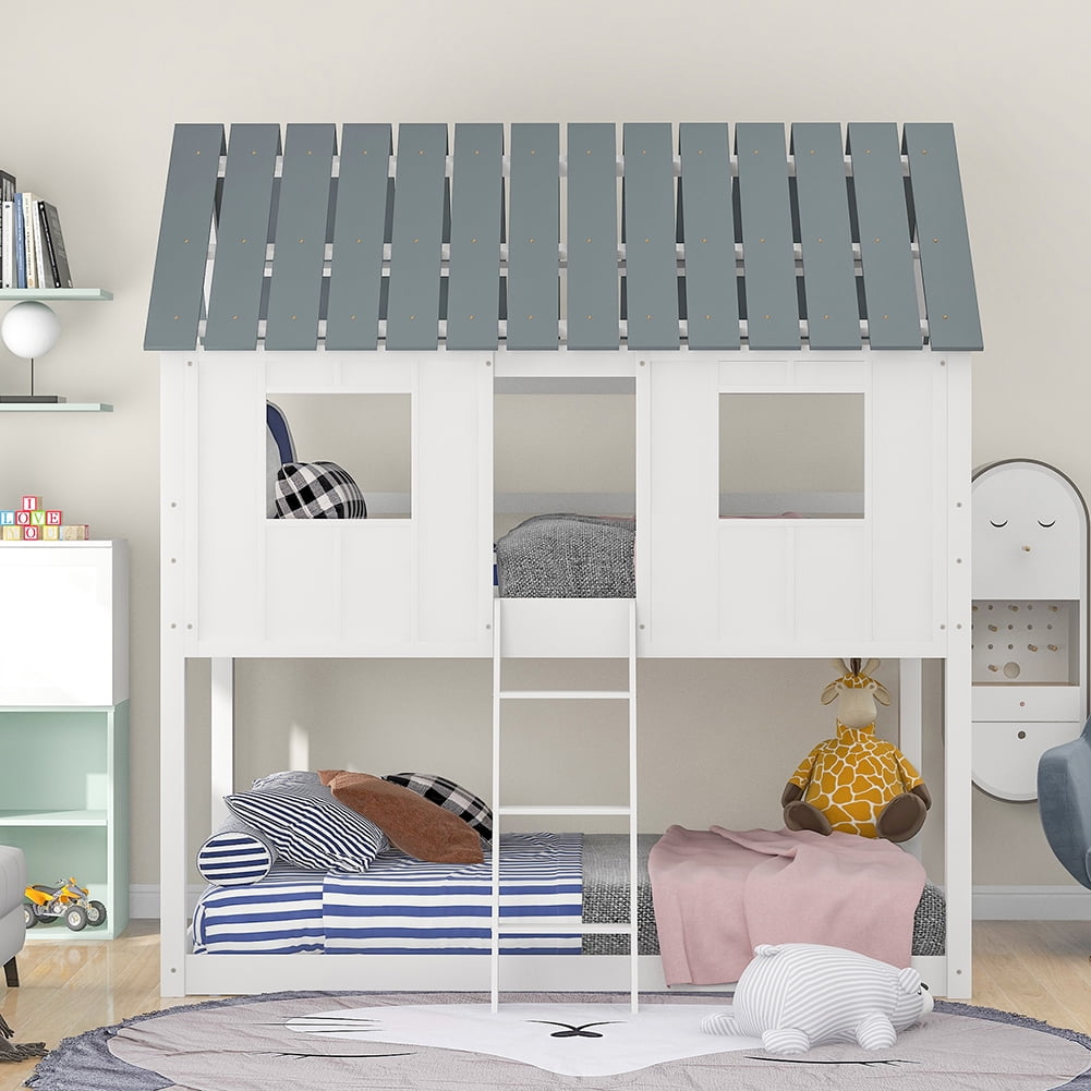 Kadyn Twin over Twin Size Low Bunk Beds with Roof and Fence-shaped Guardrail, White