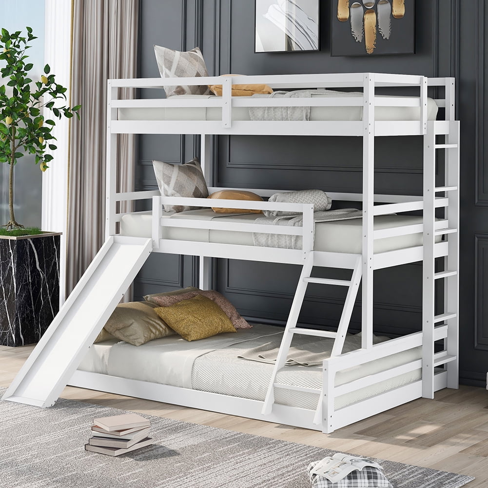 Kadyn Twin over Twin over Full Triple Bunk Bed with Convertible Ladder and Slide,White