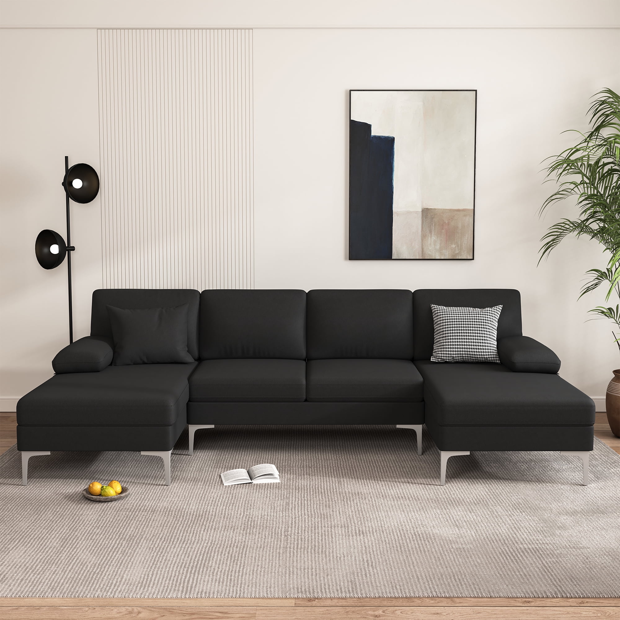 Kadyn U-Shaped Fabric with Two Imperial Concubine Iron Feet 4 Seats Indoor Modular Sofa, Sofa Couch for Living Room, Black