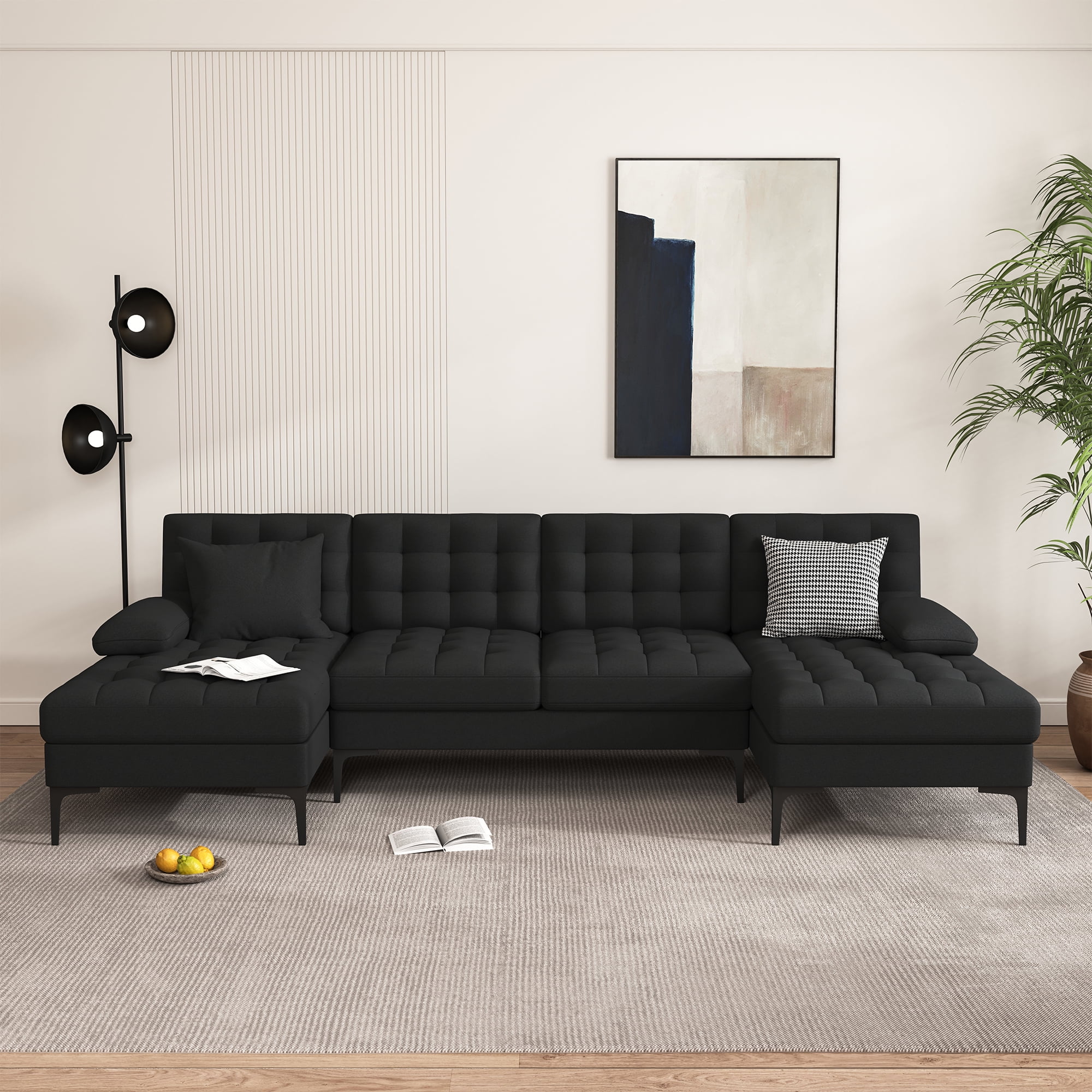 Kadyn U-shaped Soft-Covered Armrest Backrest Seat, Upholstery Sectional Sofa Couch with Wooden Frame Iron Frame, Black