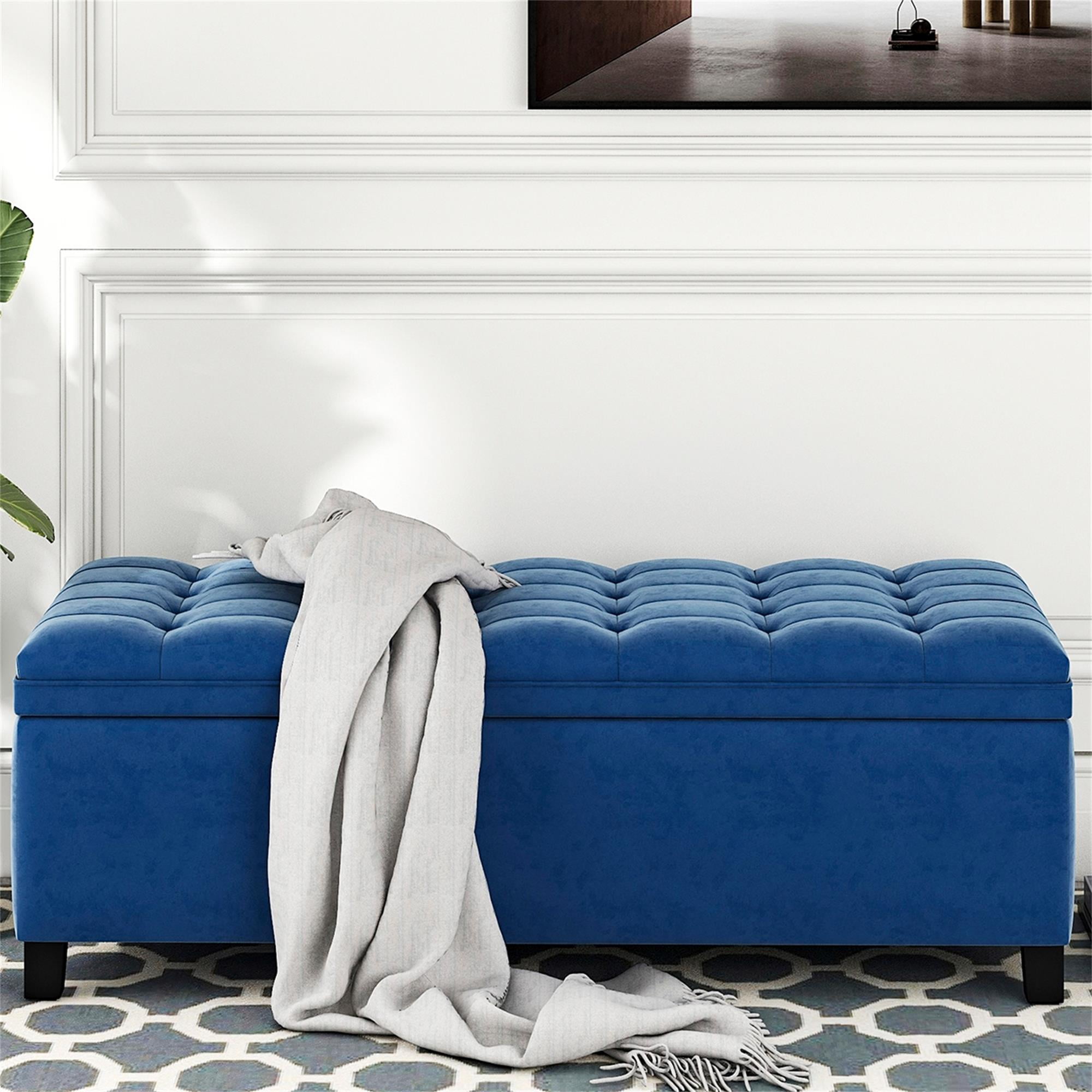 Kadyn Upholstered Flip Top Storage Bench, Storage Ottoman Bench with Button Tufted Top, Folding Chest Foot Rest Stool for Bedroom, Blue