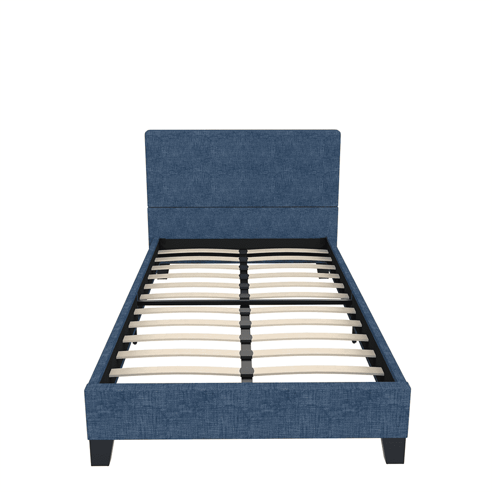 Kadyn Upholstered Linen Twin Platform Bed, Twin Size Bed with Tufted Square Stitched Fabric Headboard, Modern Bed Frame for Bedroom, Dark Blue