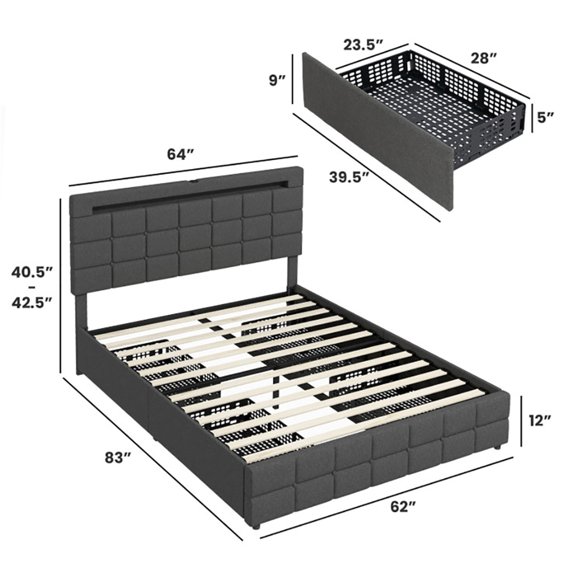 Kadyn Upholstered Queen LED Bed Frame with Headboard and 4 Drawers-Queen Size