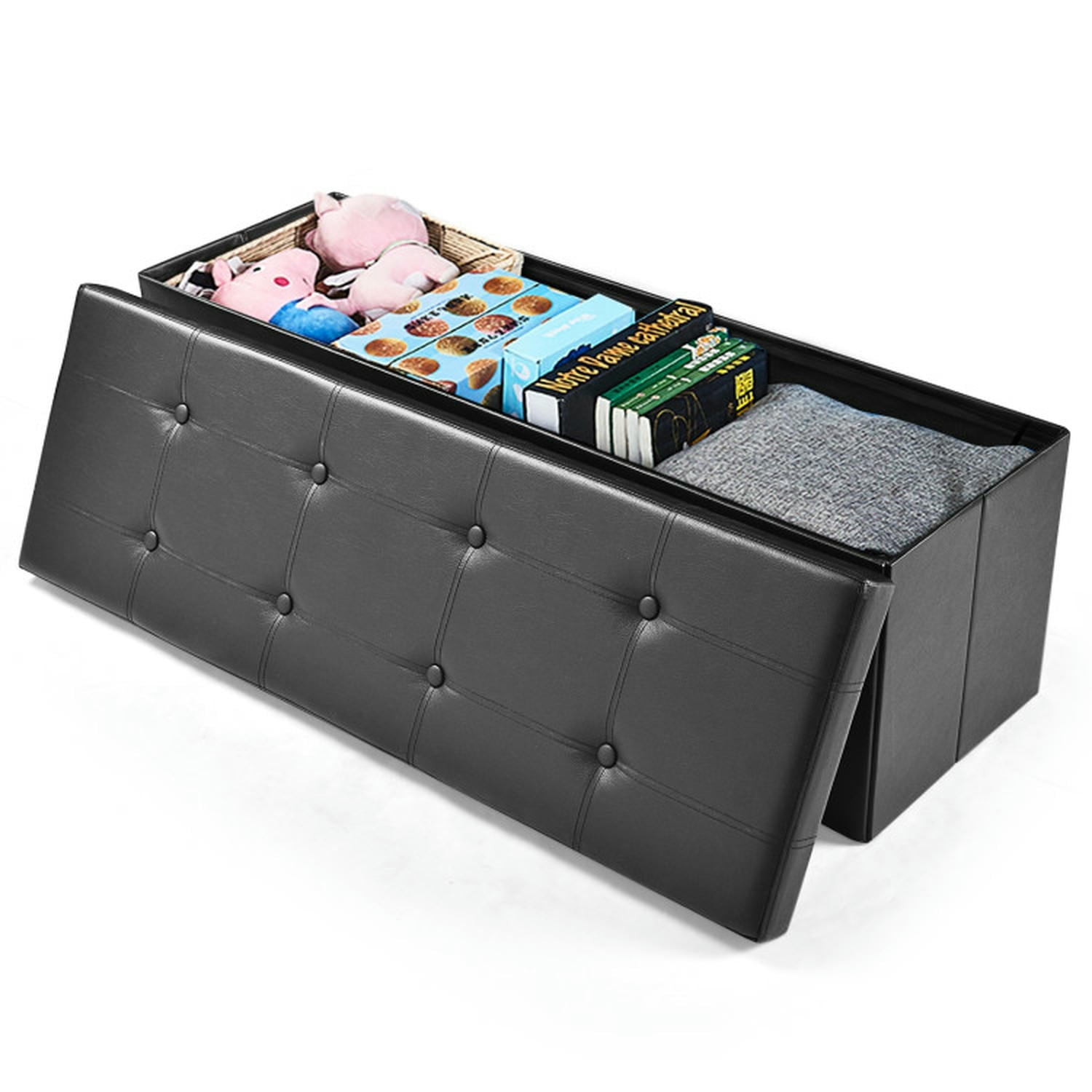 Kadyn Upholstered Shoe Bench, Shoe Storage Bench, 45 Inches Large Folding Storage Ottoman Bench with Memory Foam,Black