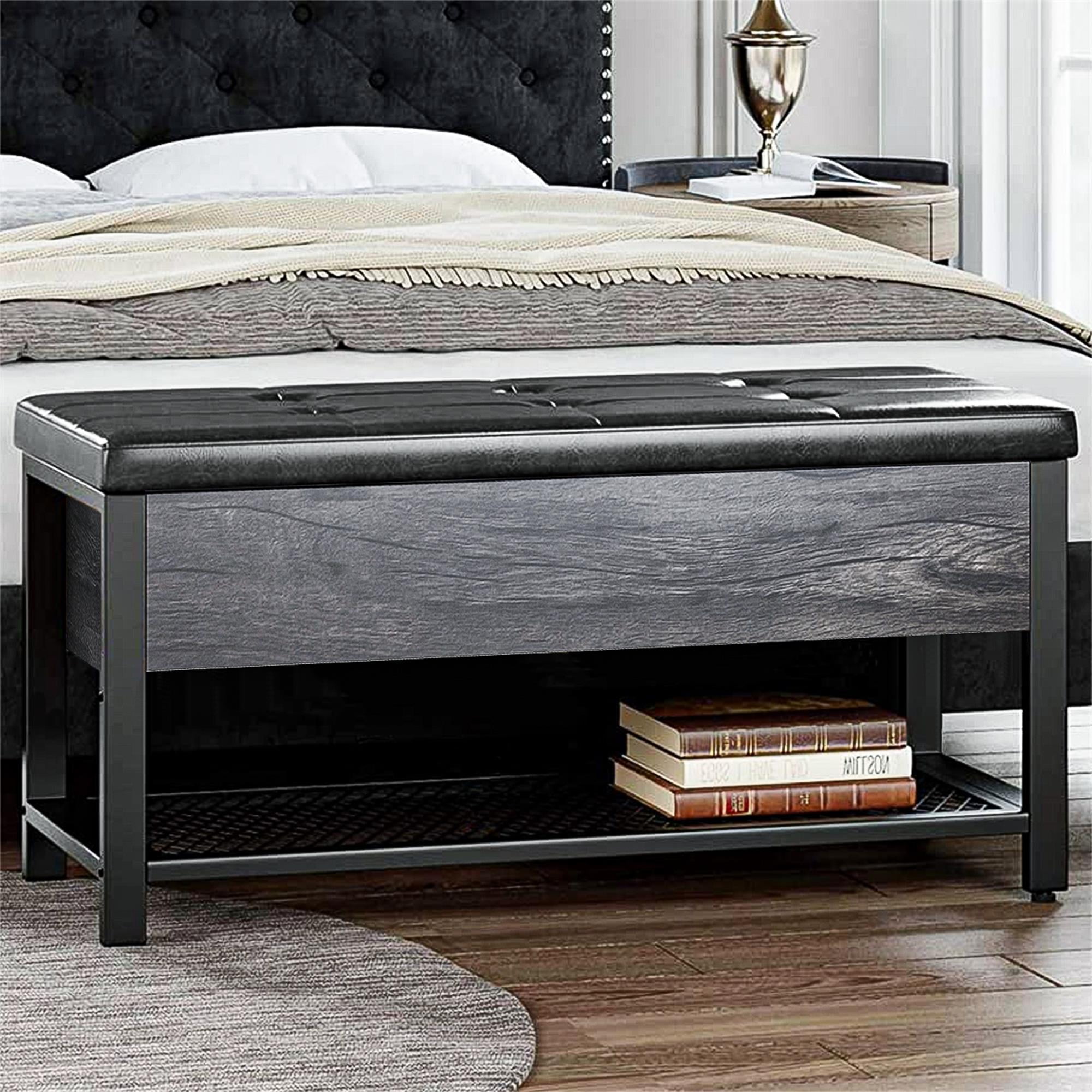 Kadyn Leather Upholstered Shoe Bench Storage Entryway Seat Chest with Grid Shelf Black Walmart