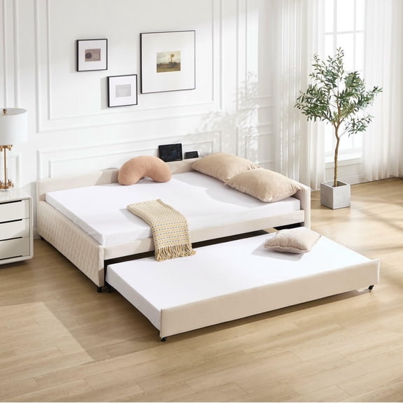 Kadyn Upholstered Twin Daybed with Trundle, wooden bed frame with durable diamond grid design for guest room or office, Beige