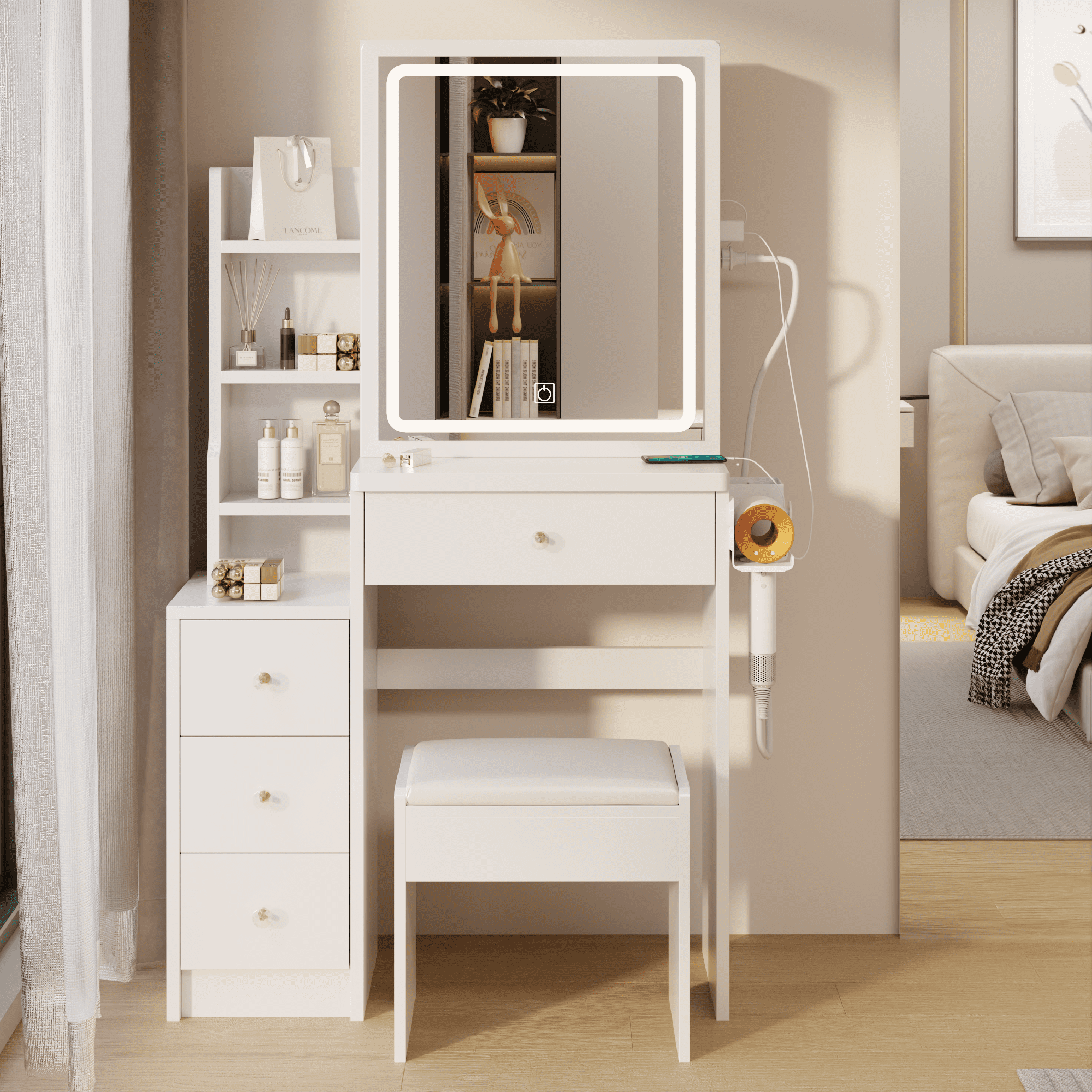 Kadyn Vanity Desk Set with Extra Large Touch Control Sliding LED Mirro, Vanity Table Set with 2 AC+2 USB Power Station and Hair Dryer Bracket,White