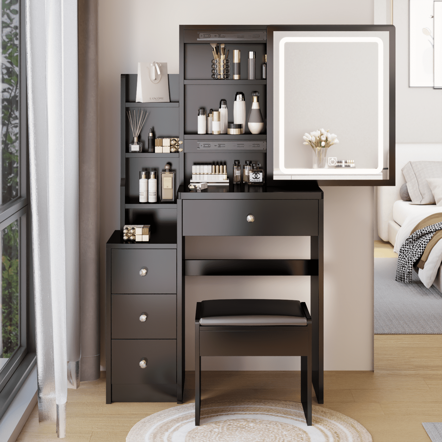 Kadyn Vanity Desk Set with LED Lighted Mirror, 4 Drawers Makeup Vanities Dressing Table with Stool, for Bedroom, Black