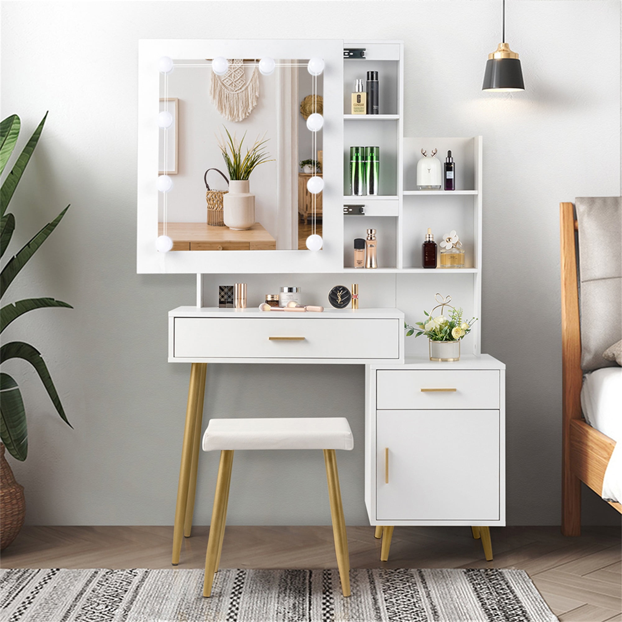 Kadyn Vanity Desk Set with Mirror and Lights, Makeup Dressing Table for Bedroom, White