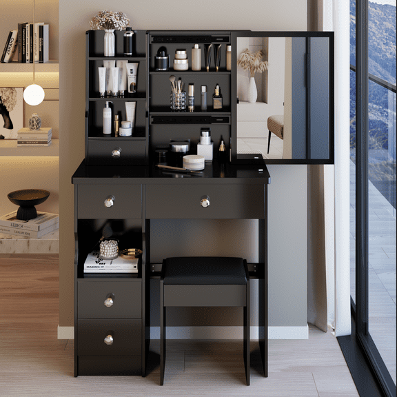 Kadyn Vanity Desk with 5 Drawers, Makeup Vanity Table with Extra Large Right Sliding Mirror, Dressing Table Makeup Desk for Small Space, Black