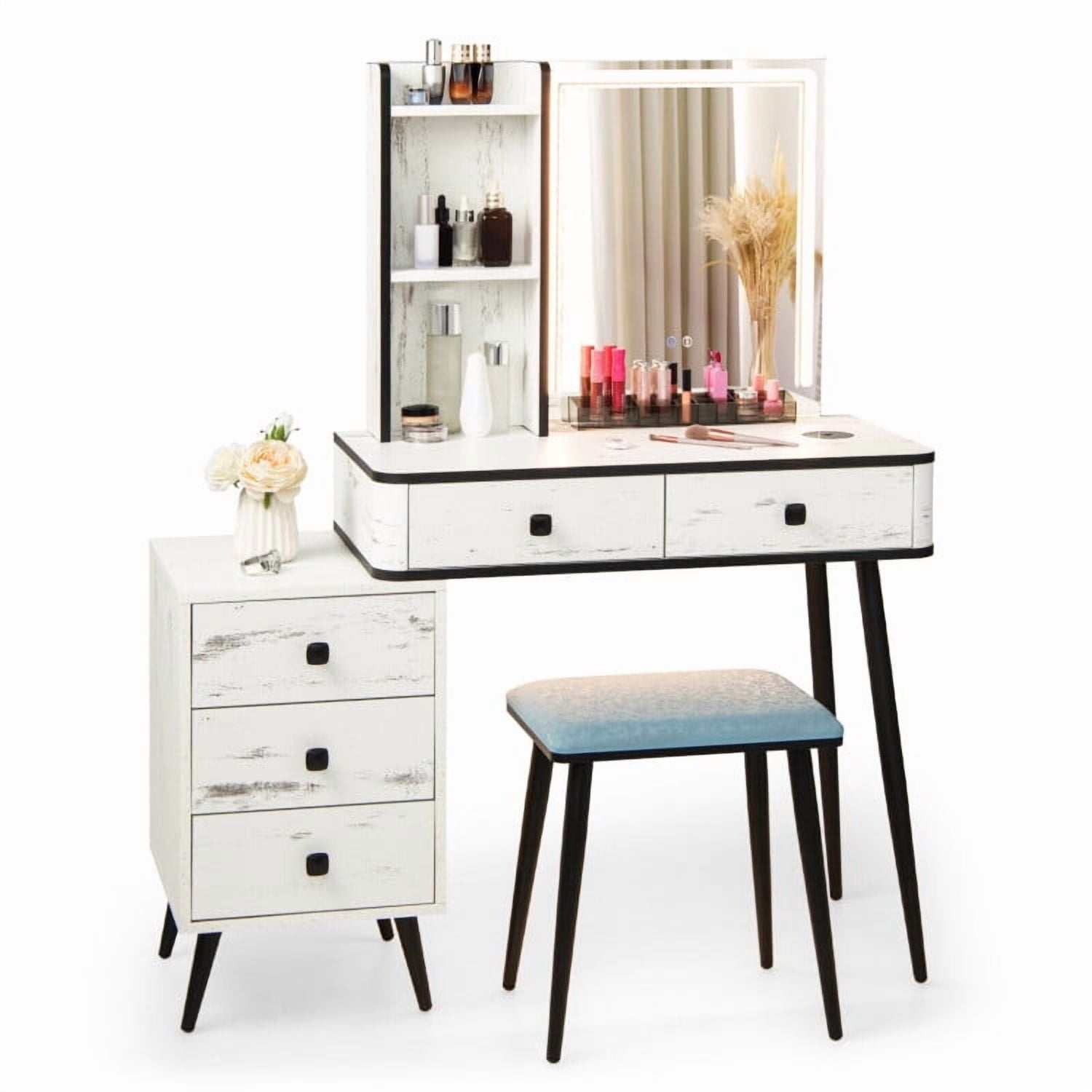Kadyn Vanity Desk with 5 Drawers, Makeup Vanity Table with Lighted Mirror, Dressing Table Makeup Desk for Small Space, White