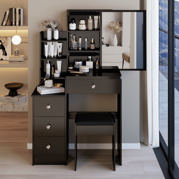 Kadyn 29.2" Bedroom Vanity Desk, Makeup Vanity Table with Cushioned Stoo, Modern Dressing Table with Extra Large Right Sliding Mirror, Black